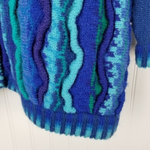 Tulchan Men's Coogi Style Vintage Wool Cardigan Sweater 3D Blue Green Size S/M - Picture 5 of 14